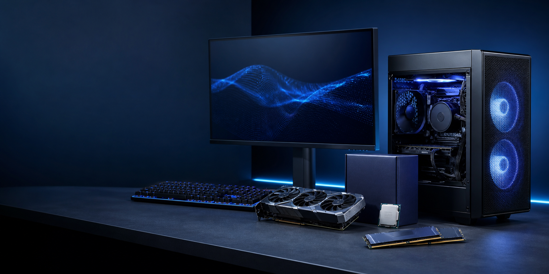 Computadora de escritorio, monitor y componentes sobre un escritorio azul