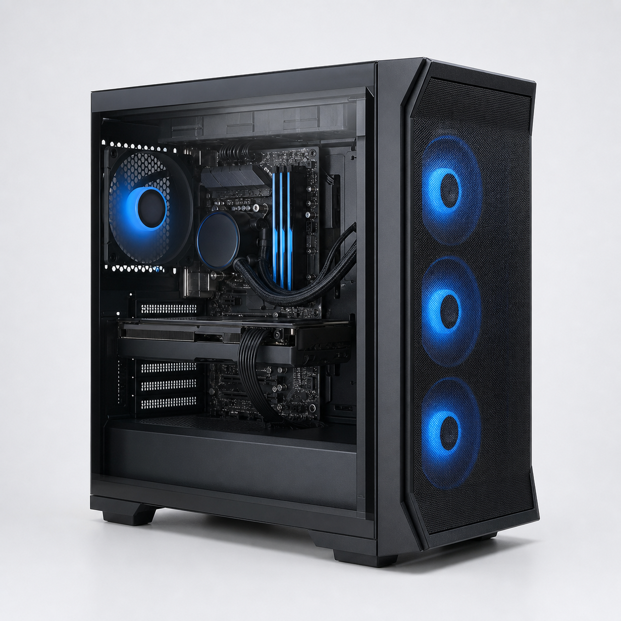 Computadora gamer negra con panel lateral de vidrio y ventiladores azules